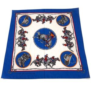 Vintage Western Rodeo Cowboy Blue‎ and White Cowboy Print Scarf - 21x21